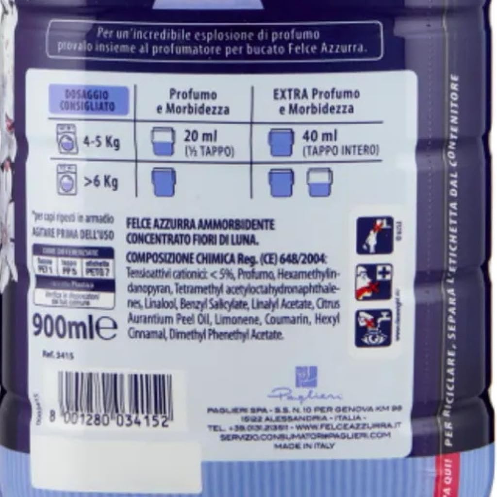 Felce Azzurra Ammorbidente Testpaket, Classico, ambra ed argan, Fiori Di Luna, pura freschezza, Weichspüler Konzentrat Duftende, 45 Washes, 3x 900Ml + Italian Gourmet polpa 400g