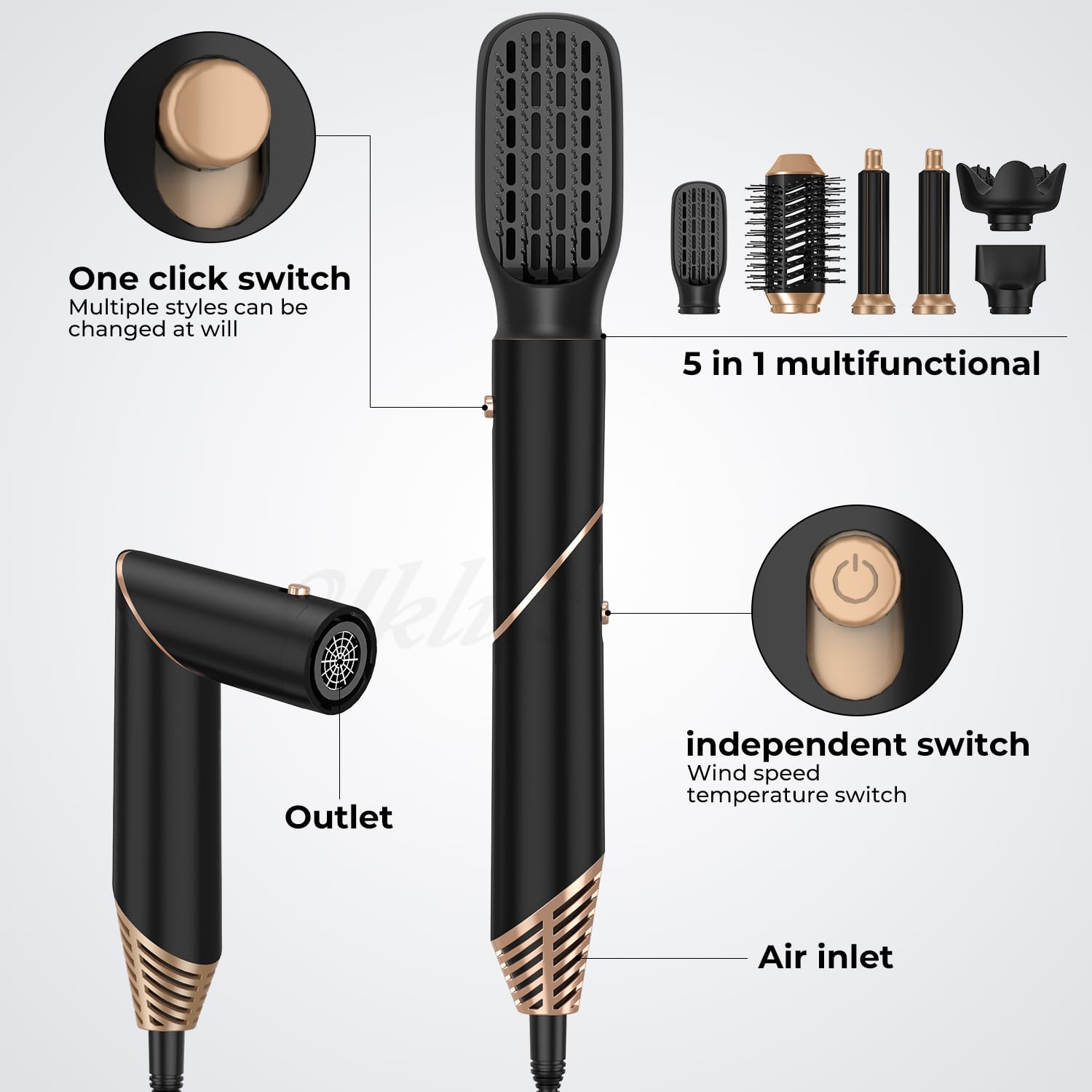 Air Styler 6 en 1 Air Brush Brosse Chauffante Brushing & Sèche-Cheveux avec Diffuseur Brosse Soufflante Airstyler Boucleur a Cheveux à Air Brosse à Lissante Ensemble Airbrush Coiffure Femmes, Noir