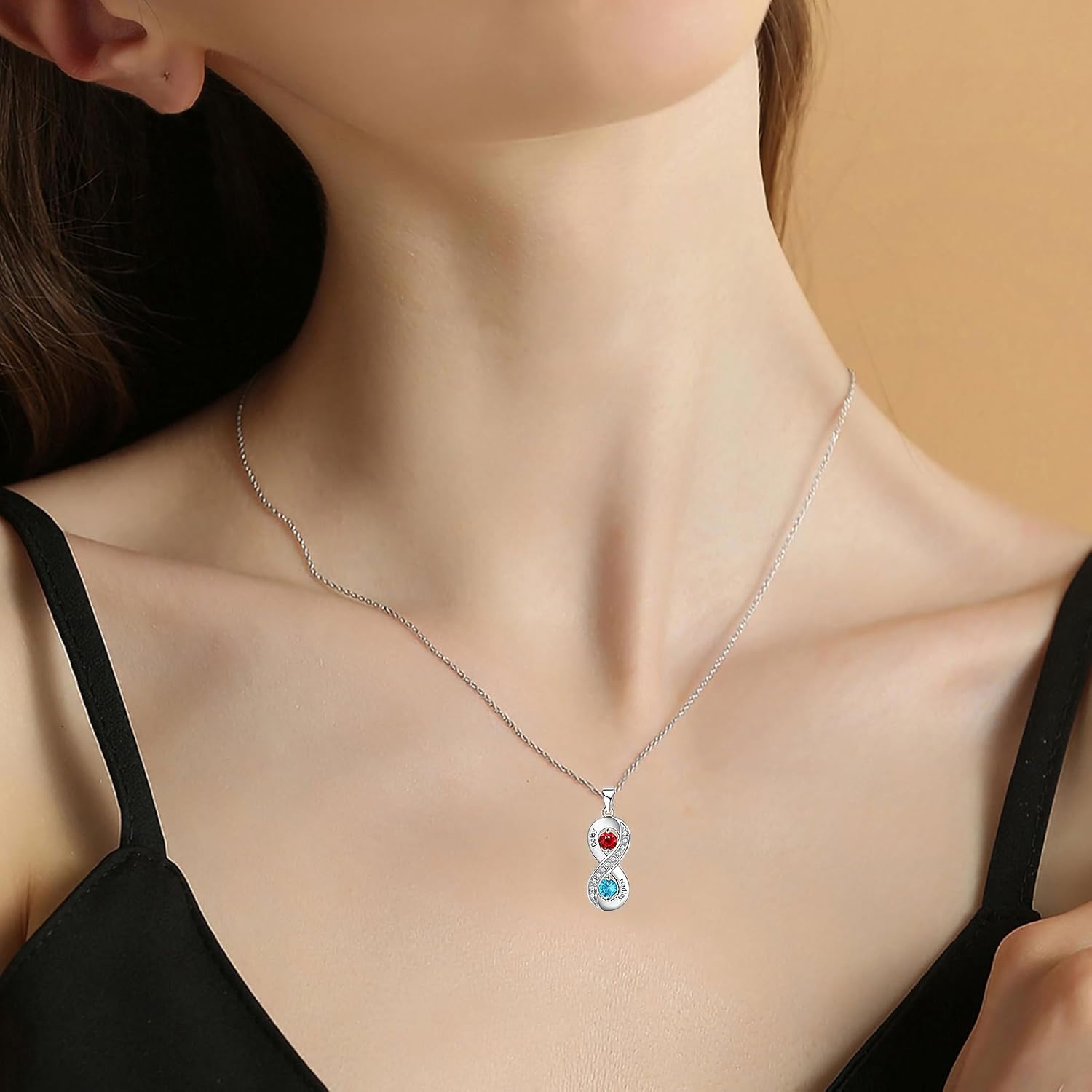 Personalized Infinity Necklaces with 1-2 Birthstones 10K 14K 18K Gold Customized Simulated Birthstones Engraved Name Necklace Valentine's Day Christmas Birthday Gifts for Women Wife Her