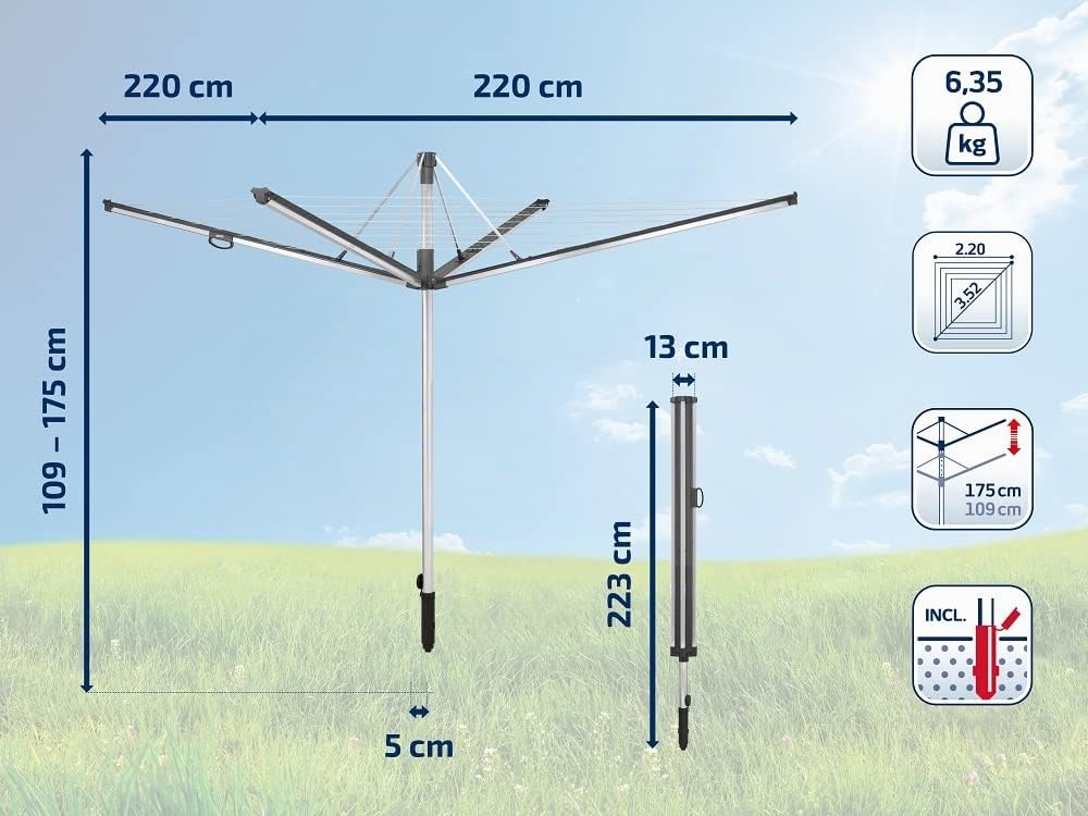 Leifheit Séchoir parapluie Linomatic 600 Plus (anthracite), étendoir à linge 60 m, séchoir à linge avec rétractation automatique des fils, hauteur ajustable