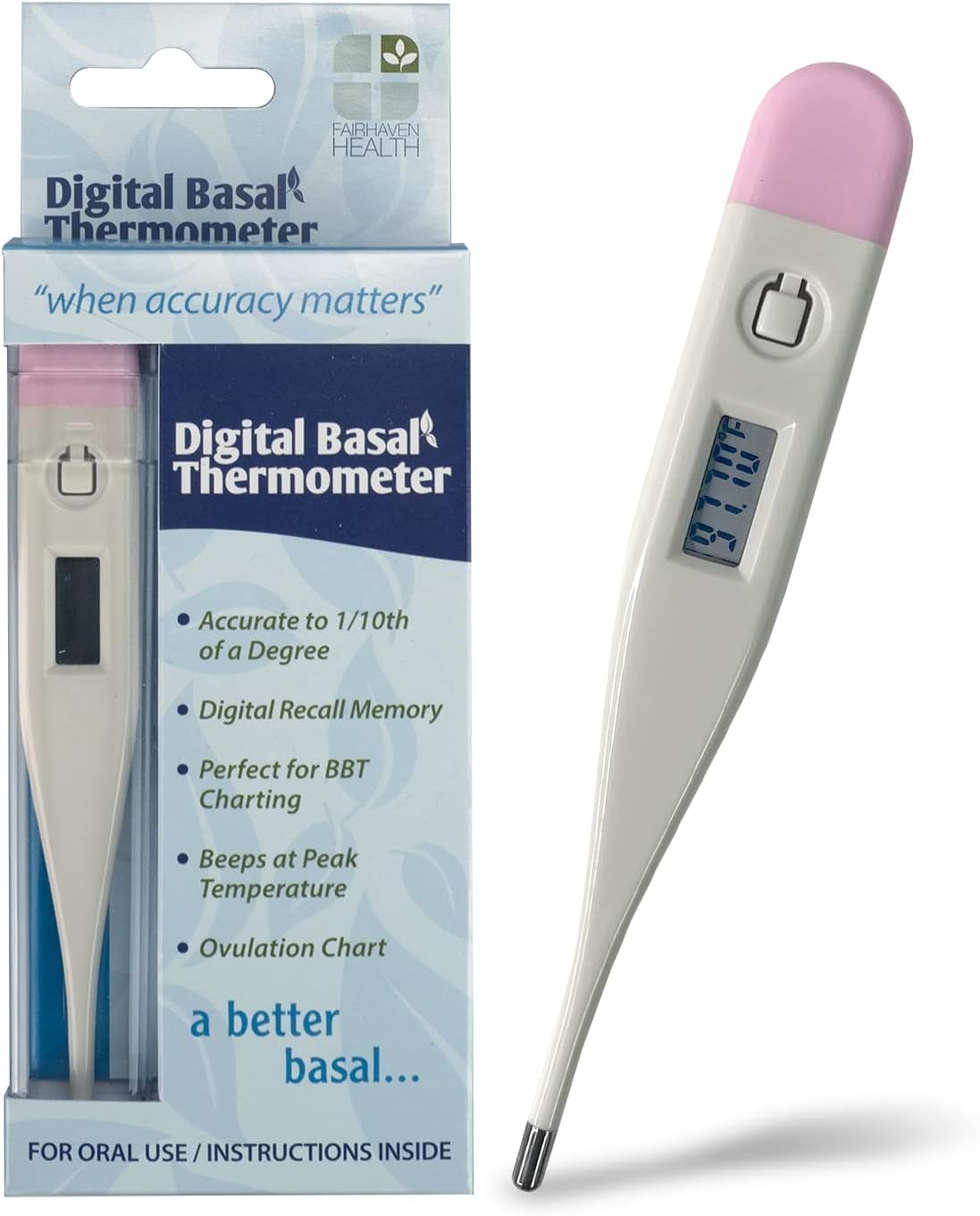Fairhaven Health Digital Basal Thermometer, for Fertility Charting and Ovulation Tracker, Accurate at-Home Oral BBT Temperature Monitor, with Memory Recall for Pre and Post Pregnancy