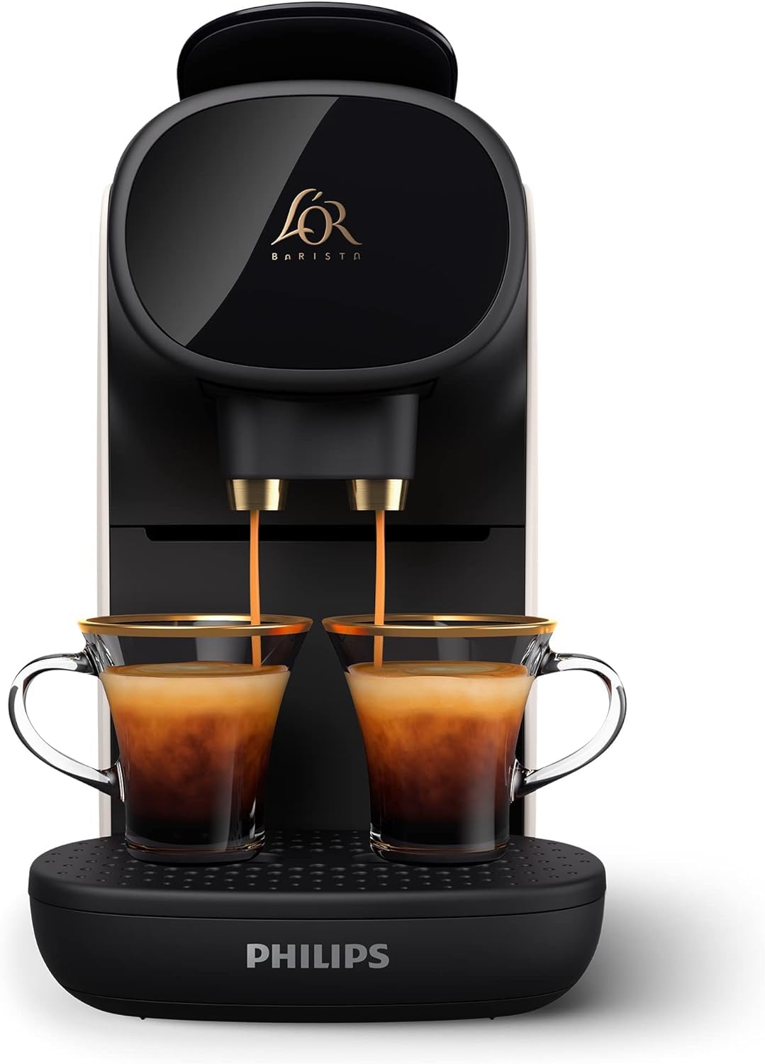 Gros plan sur le double bec verseur de la machine Philips L'Or Barista Sublime, permettant de préparer deux tasses à la fois.