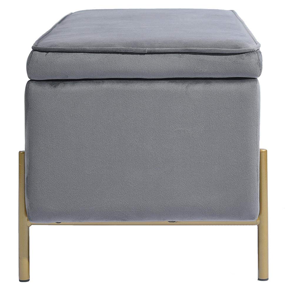BAKAJI Baúl de Almacenamiento con reposapiés para Dormitorio, Banco de Madera, Revestimiento de Tela de Terciopelo, Asiento abatible Acolchado, Patas Doradas (Gris)
