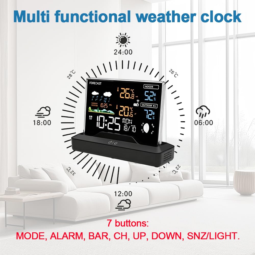 Wetterstation mit Außensensor, Digitales Thermometer Hygrometer mit Barometer Wettervorhersage für Wohnzimmer Büro und Schlafzimmer