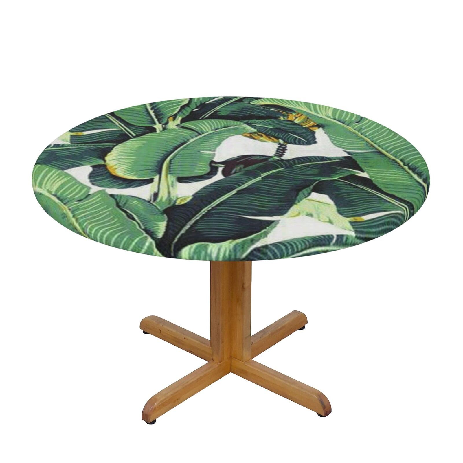 Ffshkowe Tropical Banana Palm Leaves Elastic Round Tablecloth Oil Proof Table Cover For Dining Party Picnic