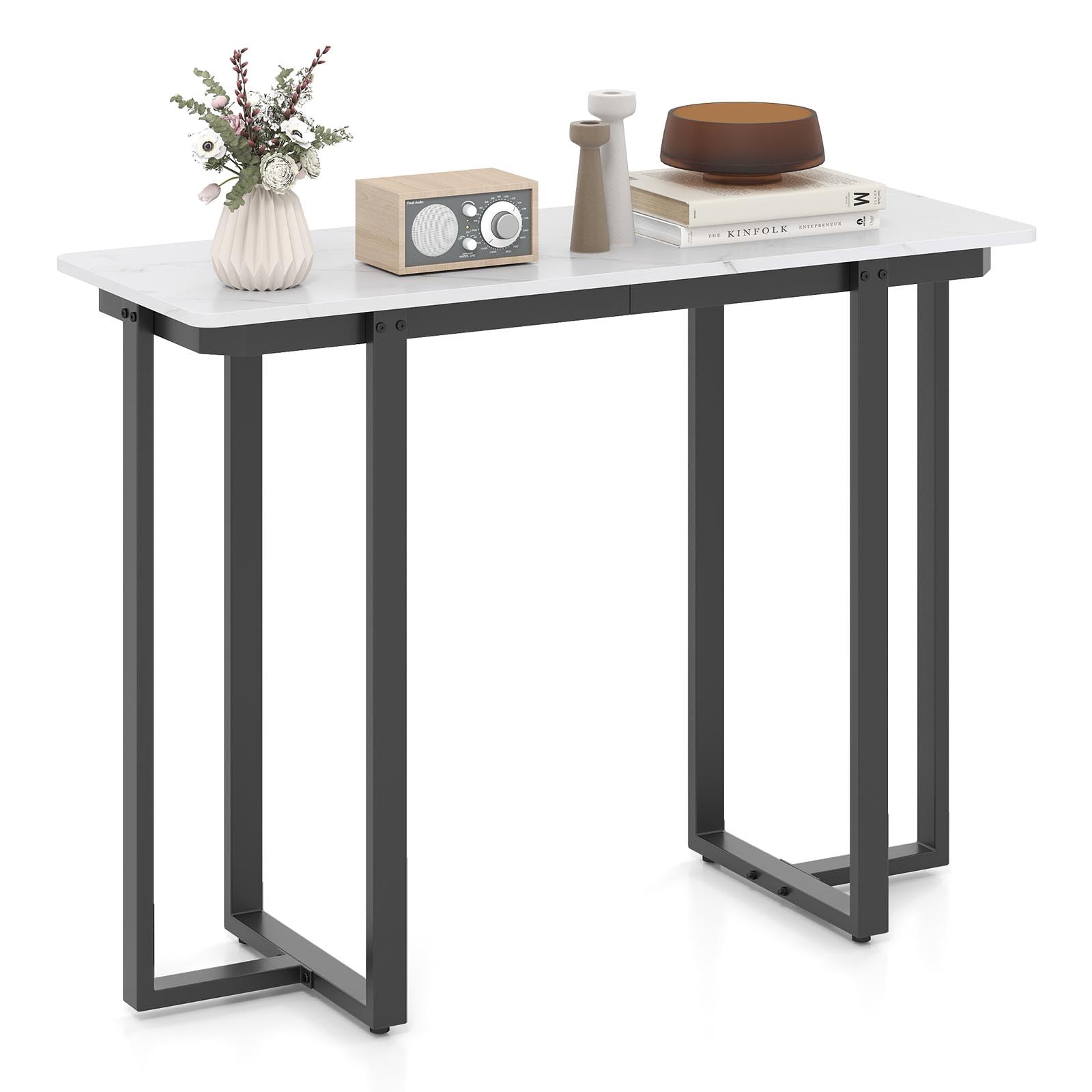 COSTWAY Console Table, Faux Marble Slim Entryway Table, Geometric Metal Frame Narrow Behind Couch Accent Sofa Side Hall Desk for Hallway, Foyer and Living Room, 107 x 40 x 80cm (White + Black)