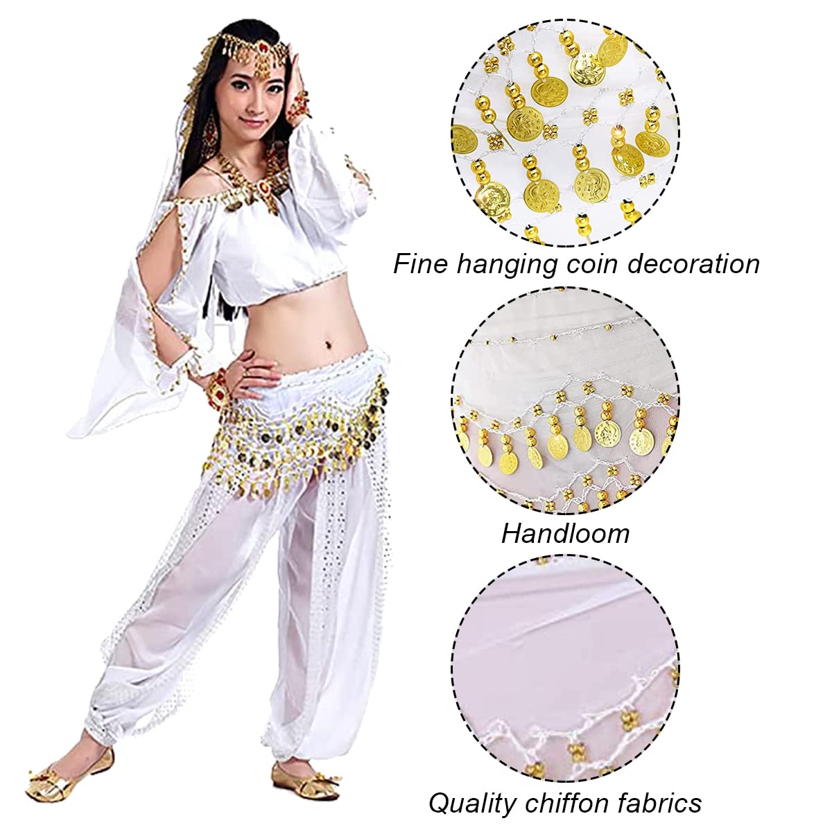 Écharpe à la hanche de danse du ventre avec bracelet, 128 pièces Belly Dance Jirt Wrap Belt avec bracelets de cheville au poignet, Chaîne de taille de ceinture de jupe de danse