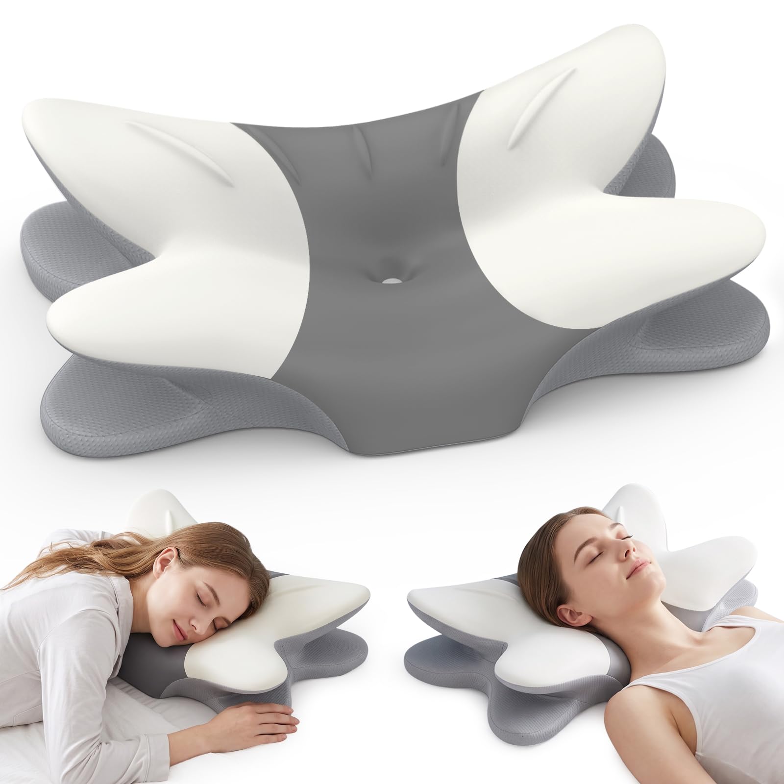 Cervical Neck Pillow for Pain Relief, Cooling Memory Foam(DarkGrey & White)