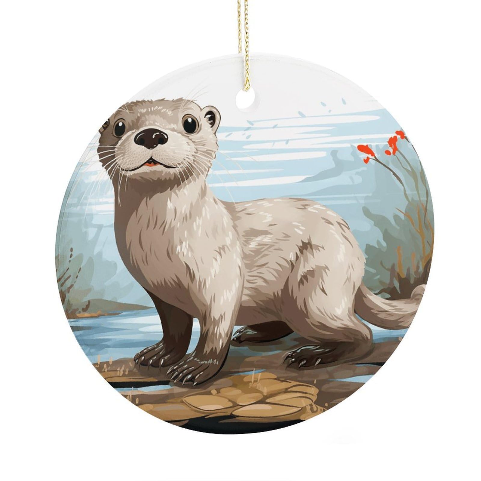 Fekiloot Style Otter Christmas Ornaments 2.9 Inch Round Ceramic Ornament Keepsake Thank You Gifts For Office, Room, Home - Holiday Present Ideas