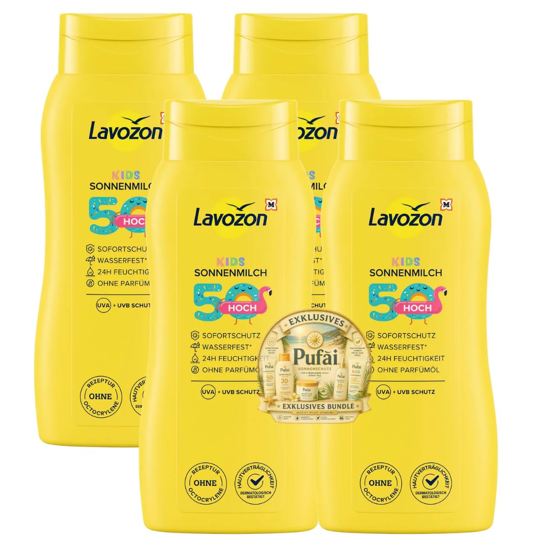 PUFAI Bundle – Kids Sonnenmilch LSF 50 – Sonnenschutz für Kinder, empfindliche Haut, Pflege für Körper & Gesicht, 200ml, 4 Stück
