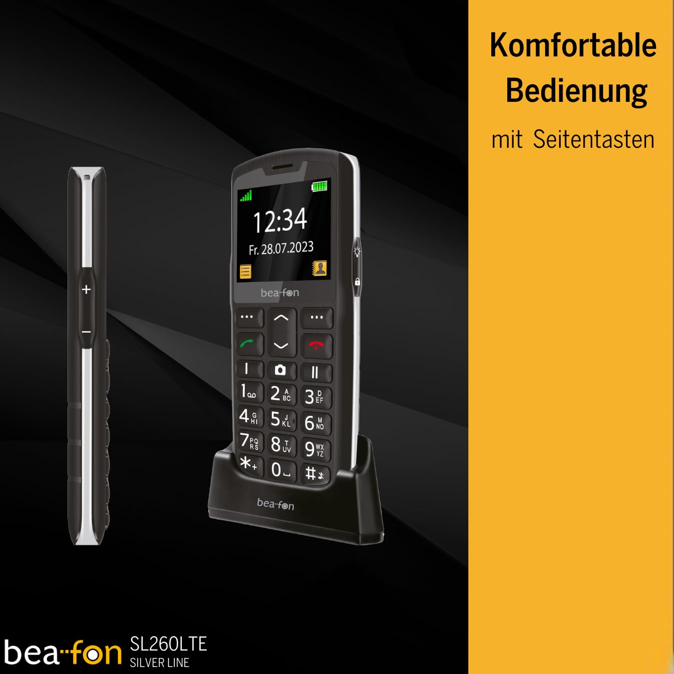 Beafon, SL260 LTE 4G, Silverline, telefon z przyciskiem, telefon komórkowy dla seniorów z przyciskiem alarmowym SOS, kompatybilny z aparatami słuchowymi, M4/T4, sygnał świetlny, wyświetlacz 2,2" (5,58
