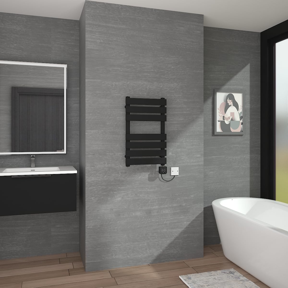 Warmehaus Black Smart Wifi Touch Screen Thermostatic Electric Heated Towel Rail Radiator Flat Panel With Weekly Timer Child Lock Bathroom Ladder Radiator 650X400mm 400W