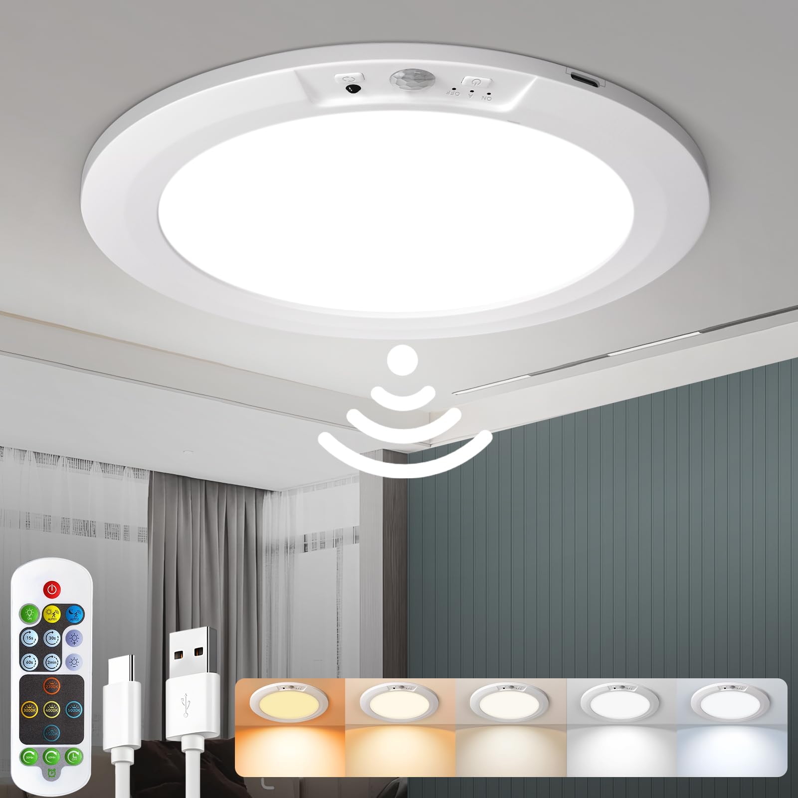 Battery Operated Ceiling Light Rechargeable Motion Sensor Shower Light with Remote, 5 Color Temperatures Battery Powered Closet Lights, Magnetic Wireless Bathroom Ceiling Lamp for Stairs Hallway Porch-picture-11