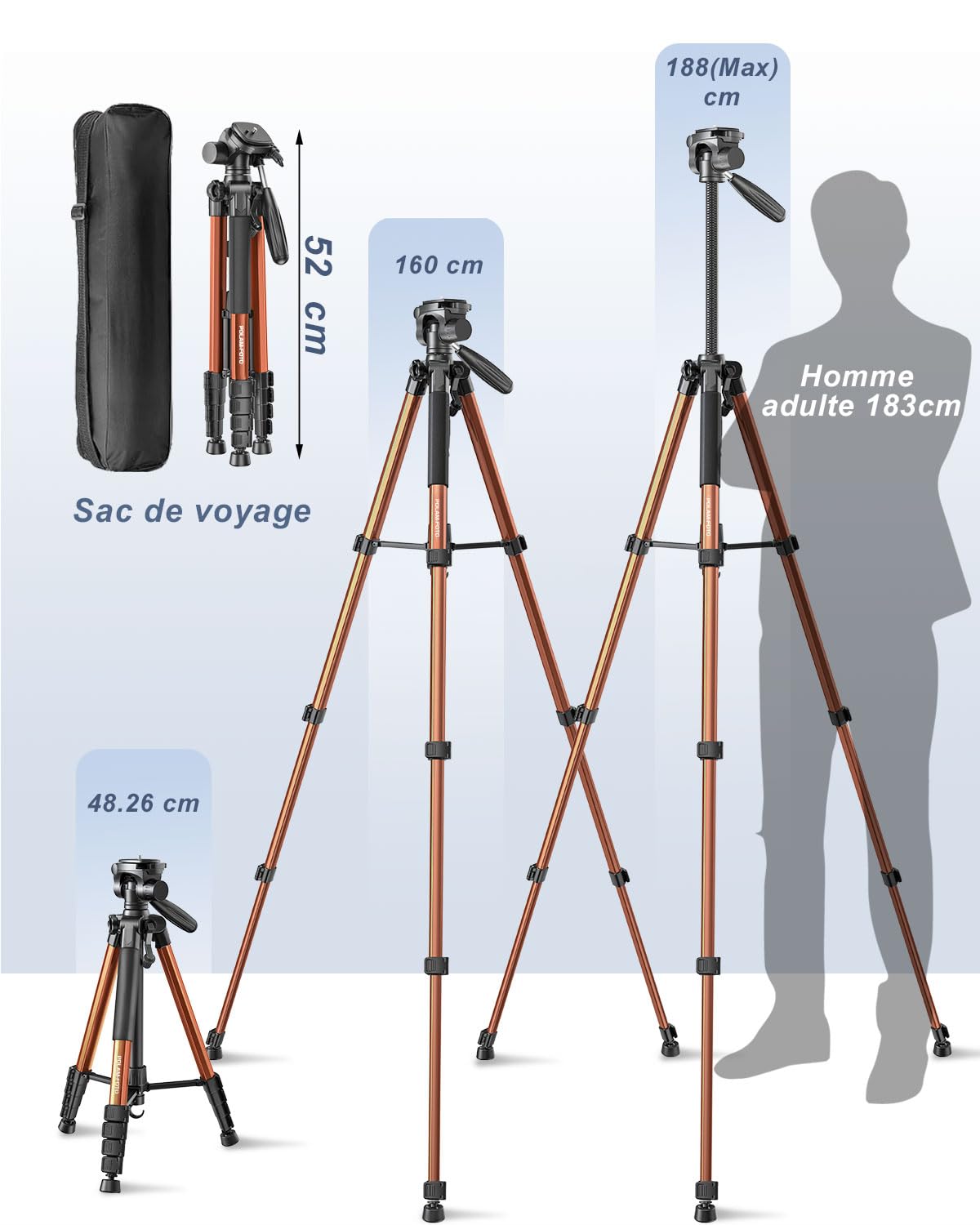 POLAM-FOTO Trépied Professionnel pour Appareil Photo de 188 cm, trépied Professionnel en Aluminium Robuste, trépied Compact avec Sac de Transport, Support de téléphone Orange
