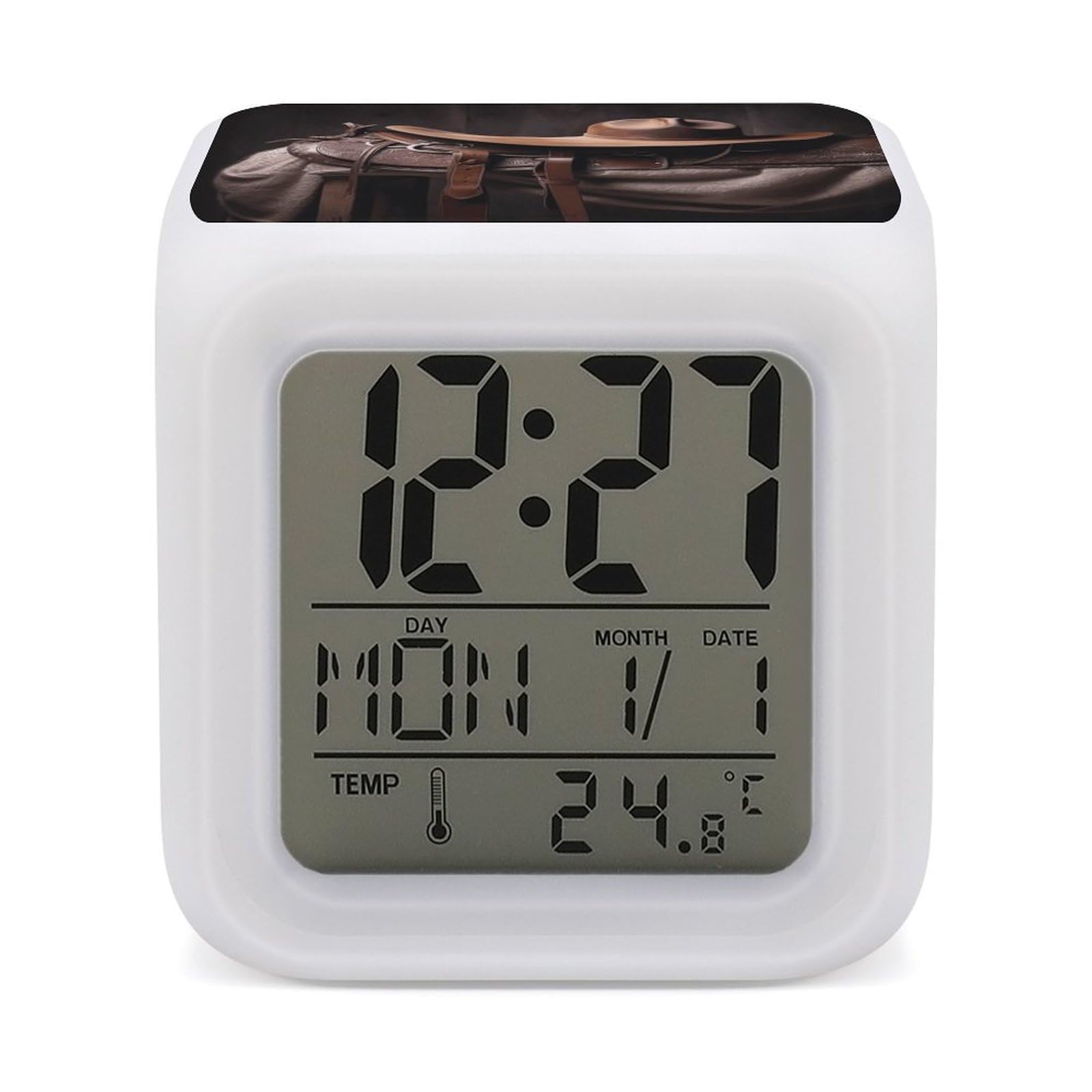 FekiLoot Horse Saddle with A Cowboy Hat Wild Alarm Clock with 7 Color Changing Night Light,Battery Operated Digital Clocks with Temperature Display Tiny Electric Clock LED Sleep Timer for Room Decor