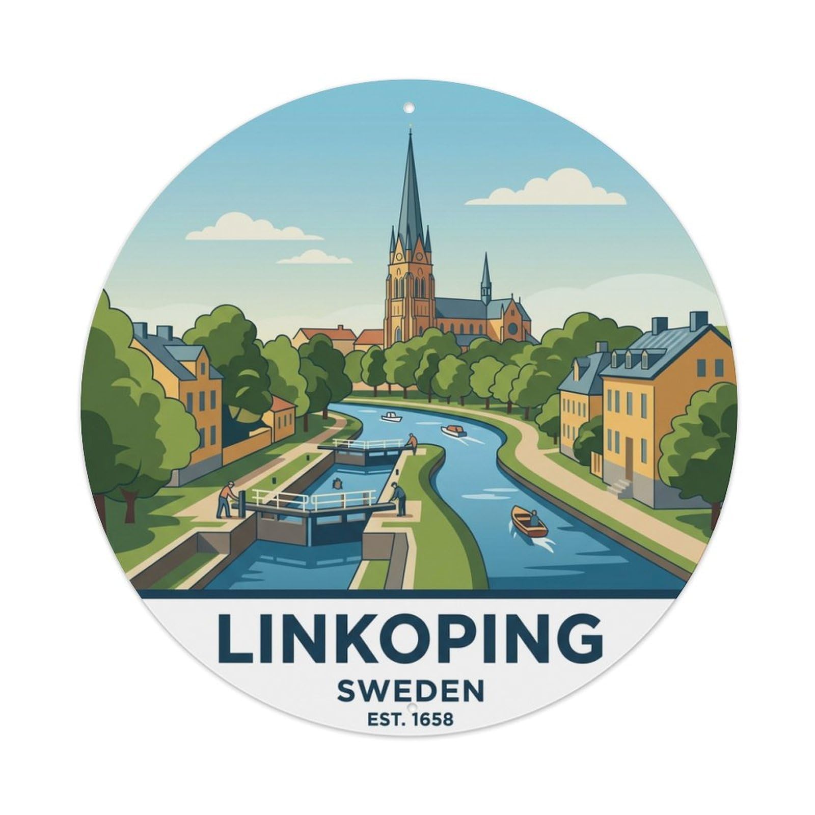 Vintage Travel Linkoping Sweden Riverside Metal Tin Sign