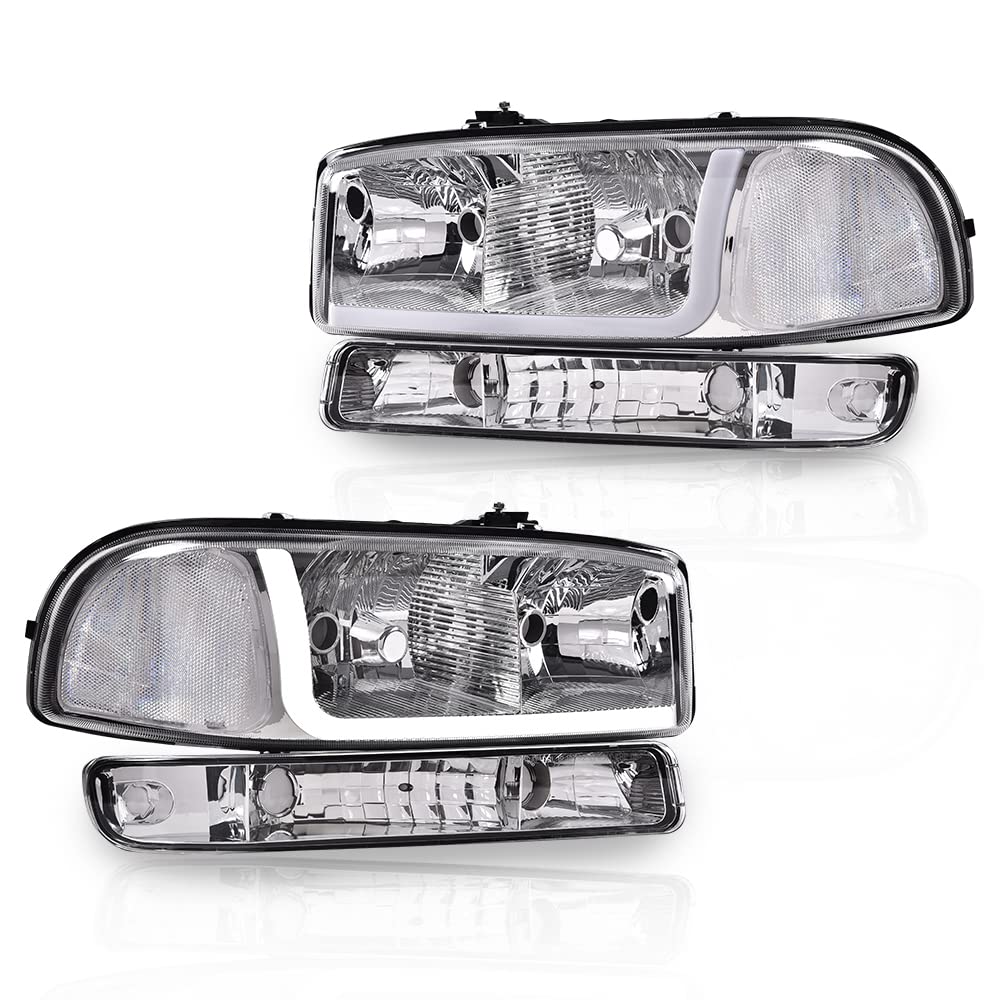 CNNELL LED Headlights Compatible with GMC 1999-2007 Sierra 1500/Yukon, 2001-2007 Sierra 1500 HD/2500 HD/3500 w/Bumper Signal Lamps(Clear lens Chrome Housing Clear Reflector)