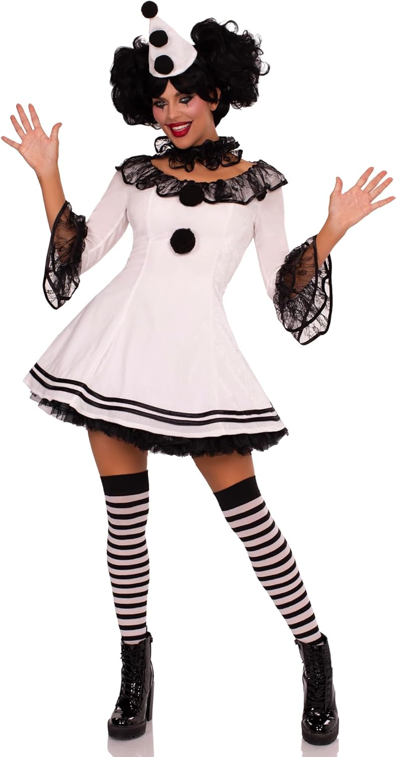 Leg Avenue Women's 3 PC Pierrot Sexy Clown Costume Women with Clown Dress, Ruffle Collar, Matching Hat