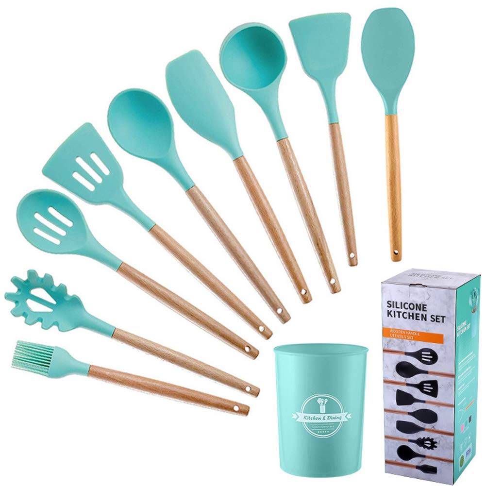 9 PCS Kitchen Utensil Sets with Storage Bucket, Silicone Cooking Utensils Spatula Utensil Set, Heat-Resistant, Non-Stickc, Safe Food Grade Silicone with Premium Wood Handles,Green