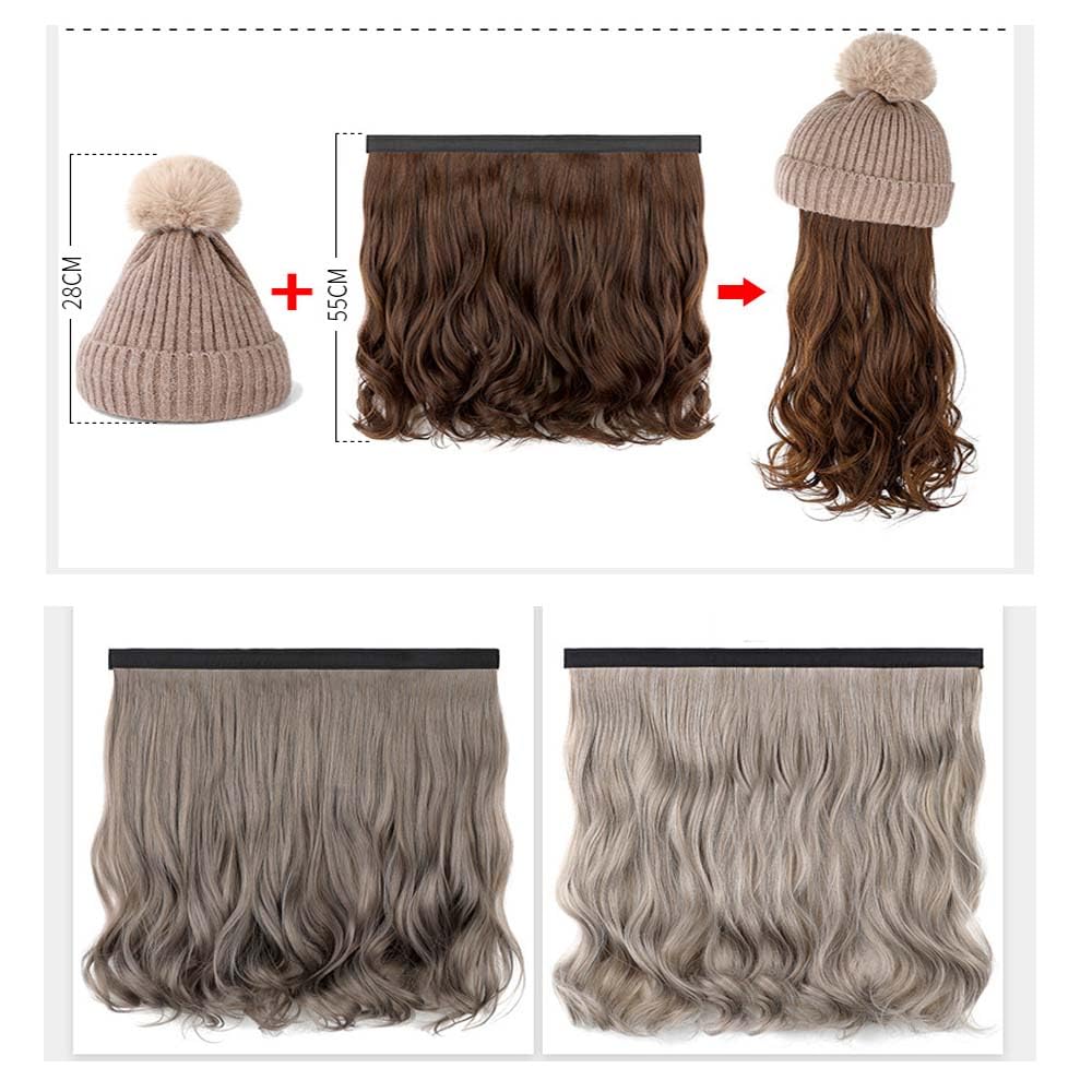 Women Autumn and Winter Wig Cap Knitted Woolen Cap Long Curly Hair Natural Full Head wig Detachable wig hat