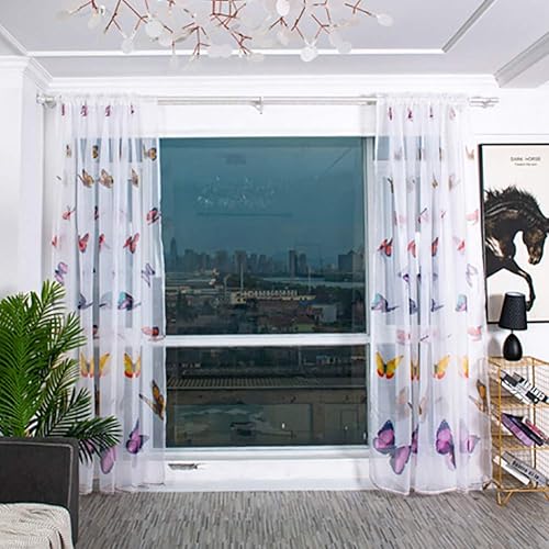 Cortinas de gasa blanca con estampado de mariposas coloridas, cortinas y cortinas con bolsillos para barra para dormitorio, estudio, sala de estar,