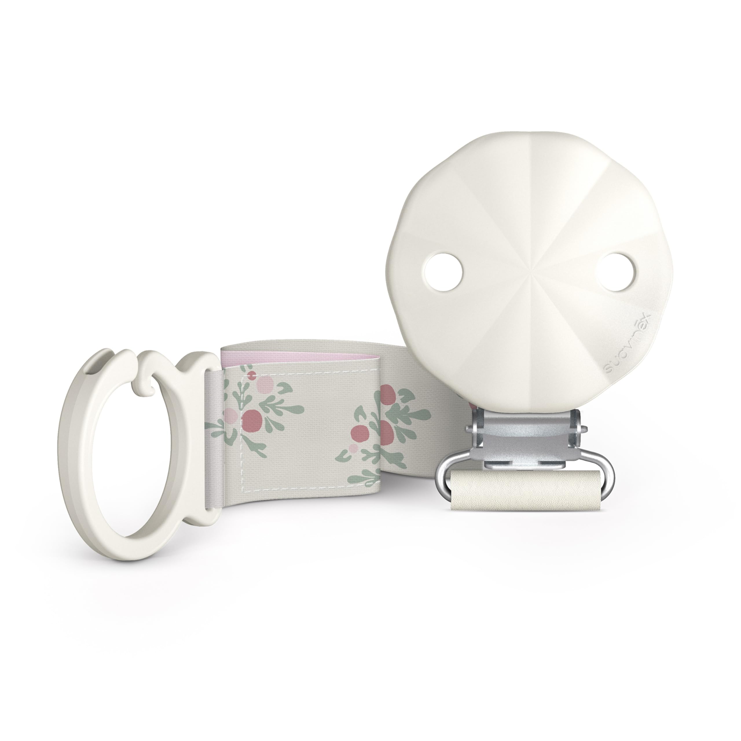 Suavinex, Portaciuccio in tessuto per neonati, morbido e flessibile, nastro con decoro su due lati, clip per ciuccio con pinza. Per neonati +0 mesi, adatto per neonati, Poetry Rosa