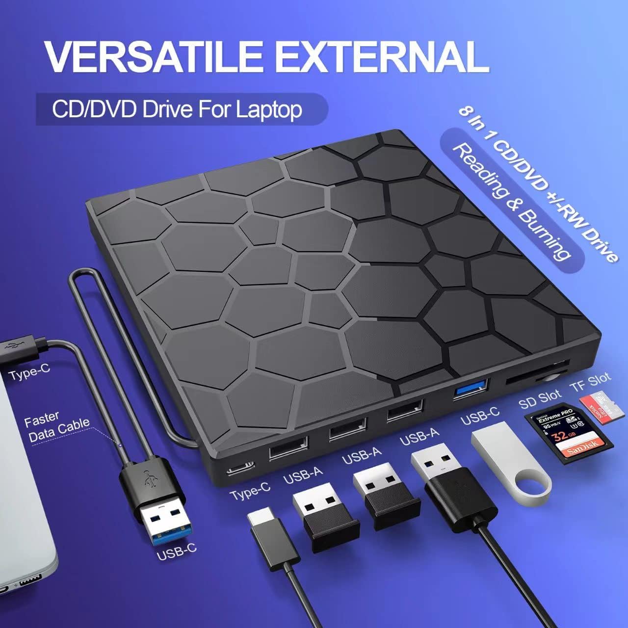Unidad externa de CD/DVD para laptop, reproductor de DVD para portátil con funda de transporte, 8 en 1 USB 3.0 ultrafino, portátil, grabadora de CD óptica externa compatible con Mac de escritorio, 4