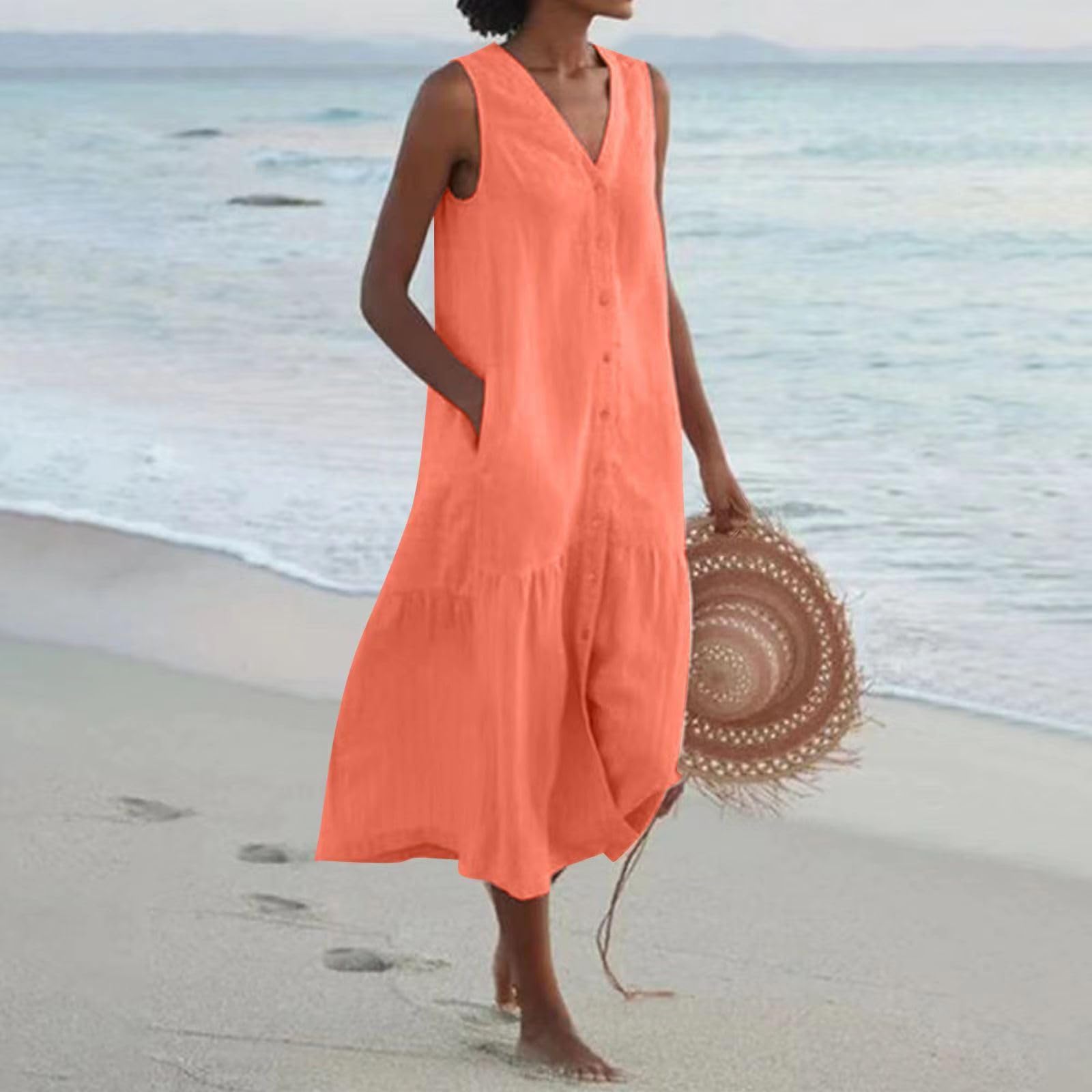 Spring Summer Sleeveless Cotton Linen Dress Summer Dresses for Women Sleeveless Pockets Vacation Maxi Dresses
