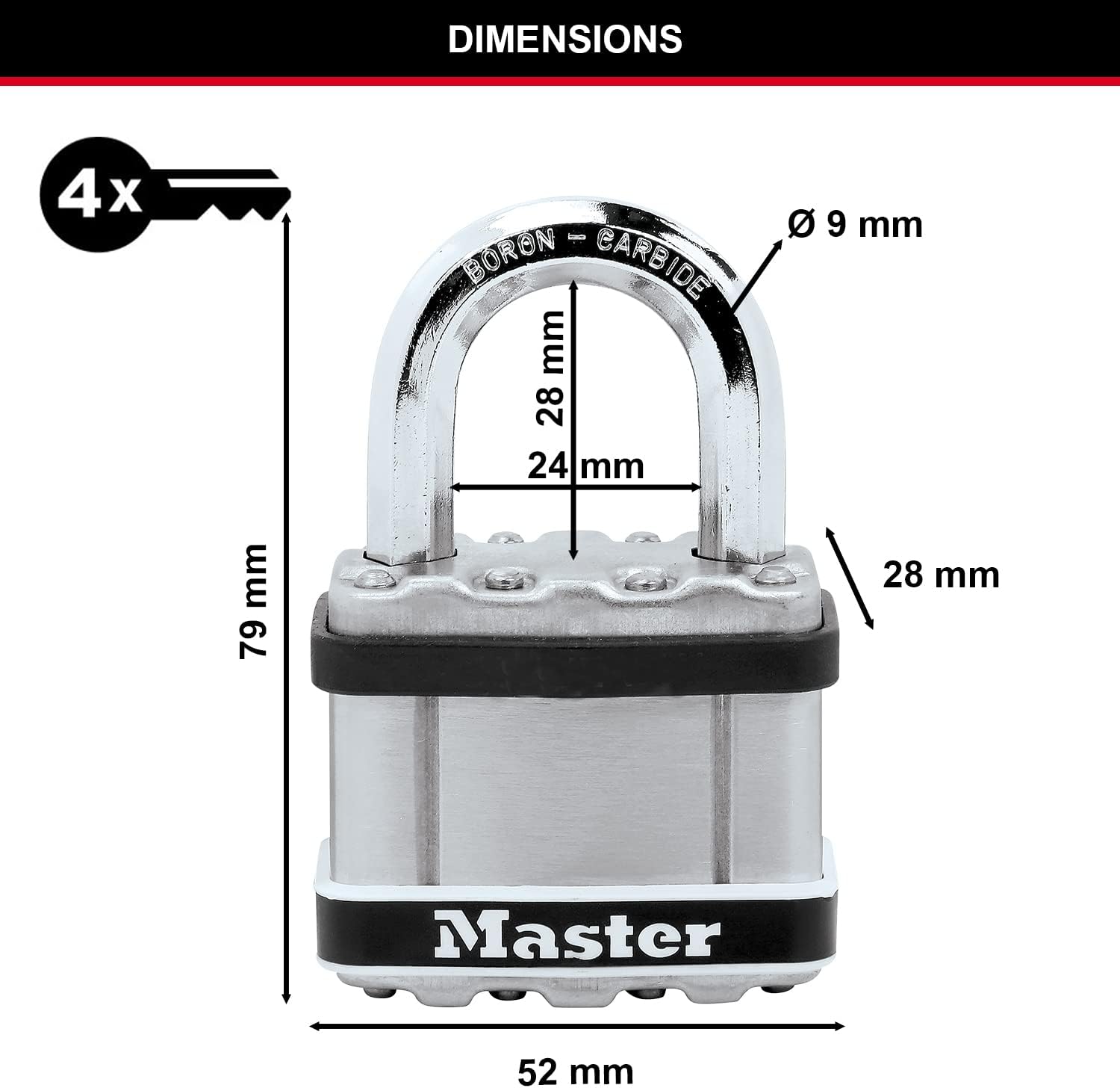 MASTER LOCK Heavy Duty Padlock, Security Level 9/10, Marine Environment, Laminated Steel, Stainless Steel Body Cover, Weatherproof, Standard Shackle