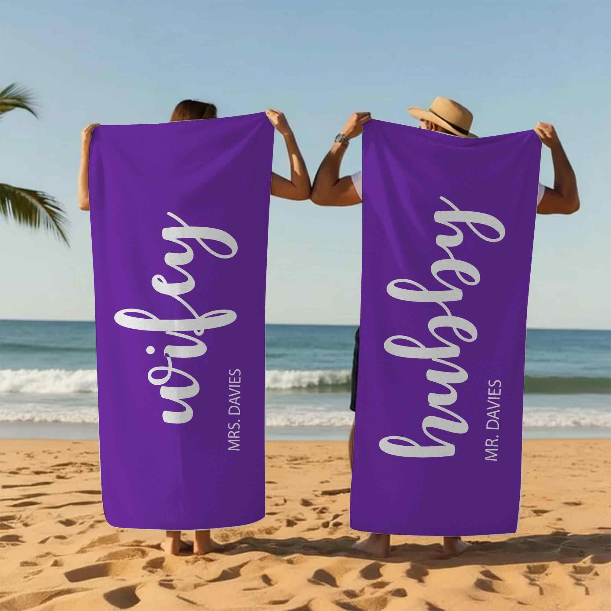Print Maniacs Personalised Hubby and Wifey Beach Towel Couple Name Custom Microfibre Towel Large Quick Dry Lightweight Travel Towel Honeymoon Holiday Pool Gym Spa