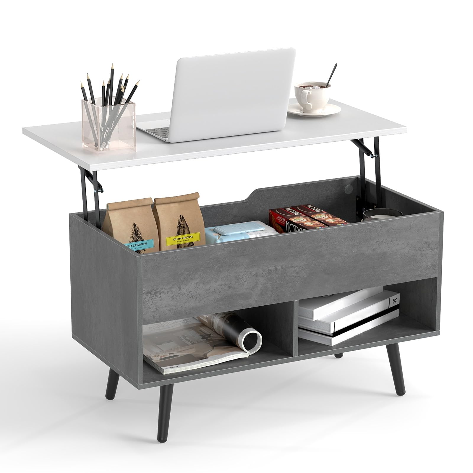 COSTWAY Lift Up Top Coffee Table, Wooden Lifting Cocktail Center Table with Hidden Storage Compartment and Open Shelves, Rectangle Accent Sofa Side Tea Tables for Living Room Office (Grey)