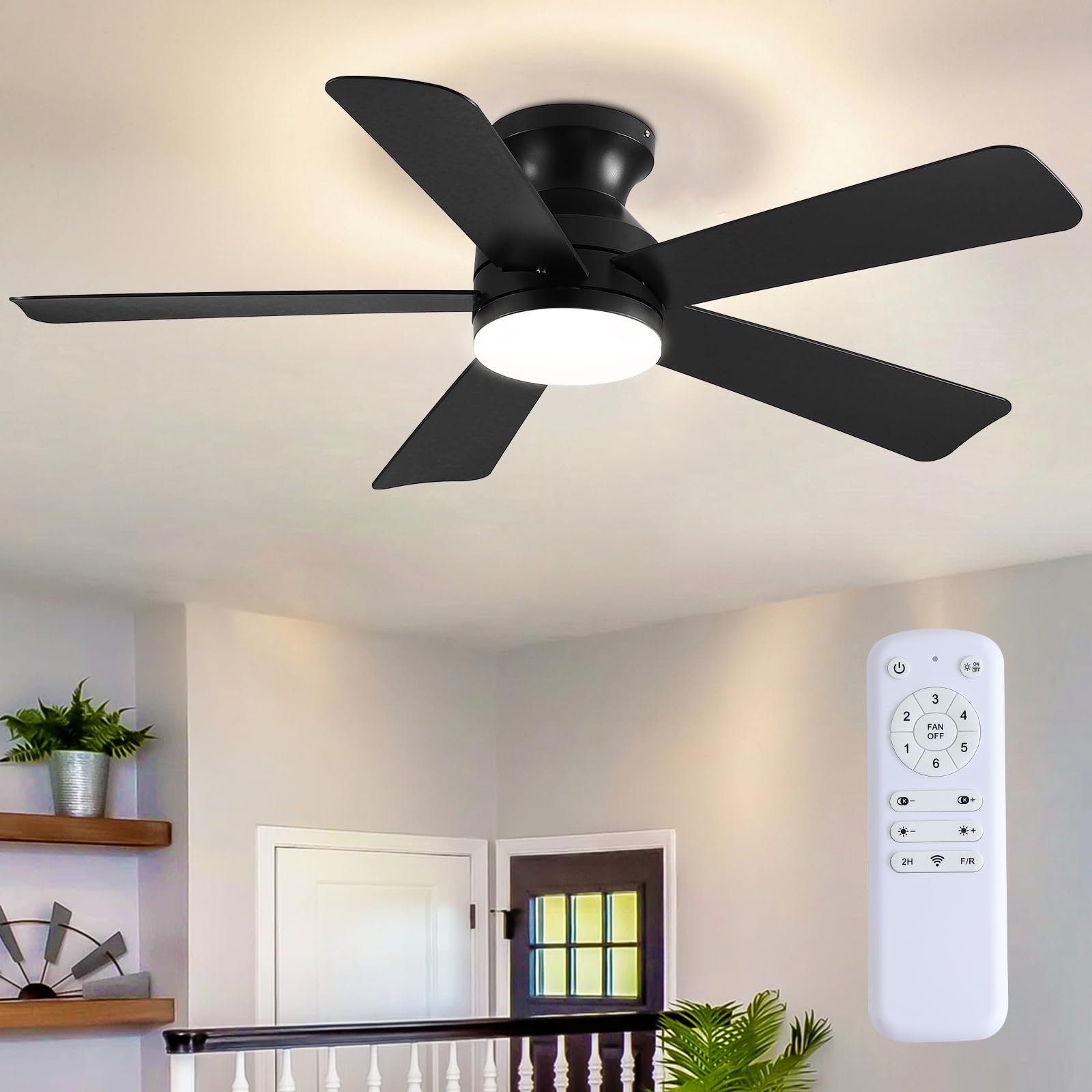 46 inch Ceiling Fans with Lights, Black Flush Mount Ceiling Fan with Remote, 3CCT, LED Dimmable, Reversible, 6 Fan Speeds, Quite Low Profile Ceiling Fan with Lights Modern Bedroom Kitchen Indoor