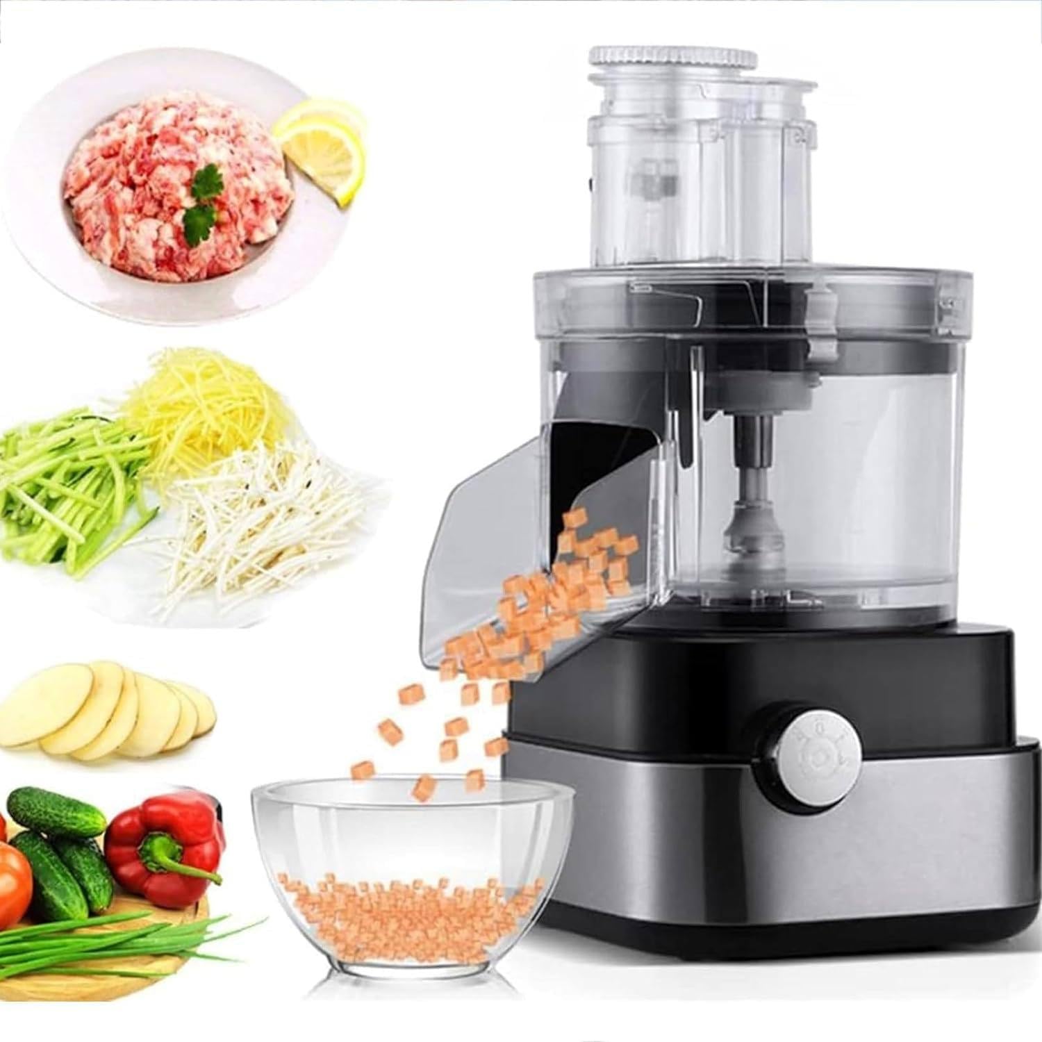 Robot da Cucina Professionale 600W,Tagliaverdure Elettrico con 5 Dischi per Cubetti,Fette e Grattugia,Grande capacità 5 Litri,Tritatutto Multifunzione per Tutte Le Verdure e la Frutta