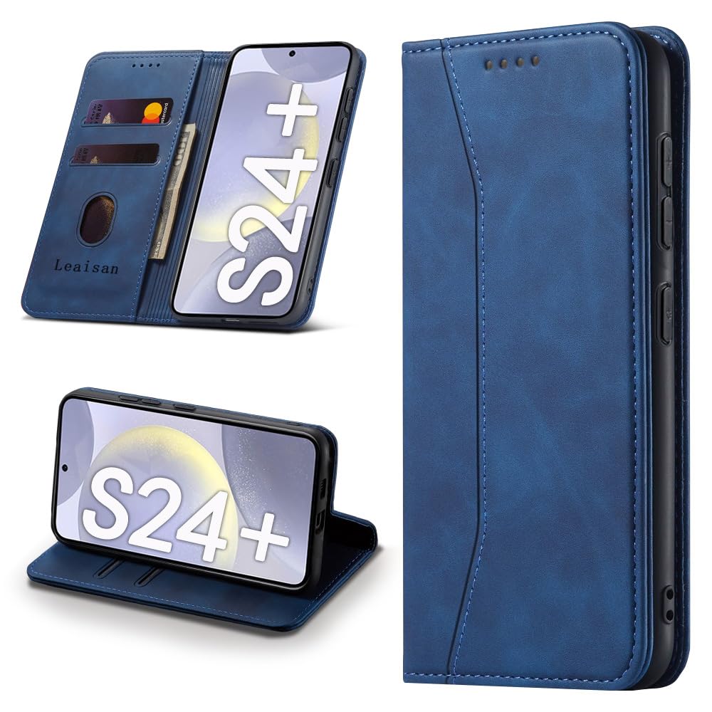 Leaisan Handyhülle für Samsung Galaxy S24 Plus/S24+ Hülle Premium Leder Flip Klappbare Stoßfeste Magnetische [Standfunktion] [Kartenfächern] Schutzhülle für Samsung S24 Plus 5G Tasche - Blau