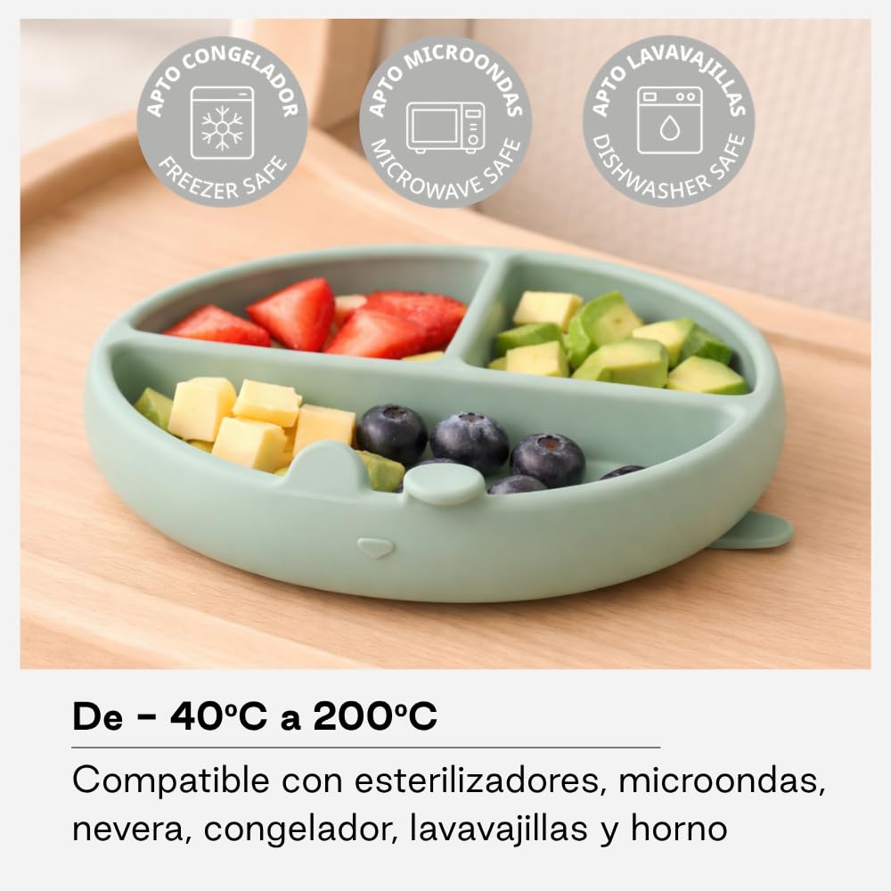 Jané Plato BLW Bebé de Silicona con Ventosa y Compartimentos, Libre BPA, Apto Microondas y Lavavajillas, Verde