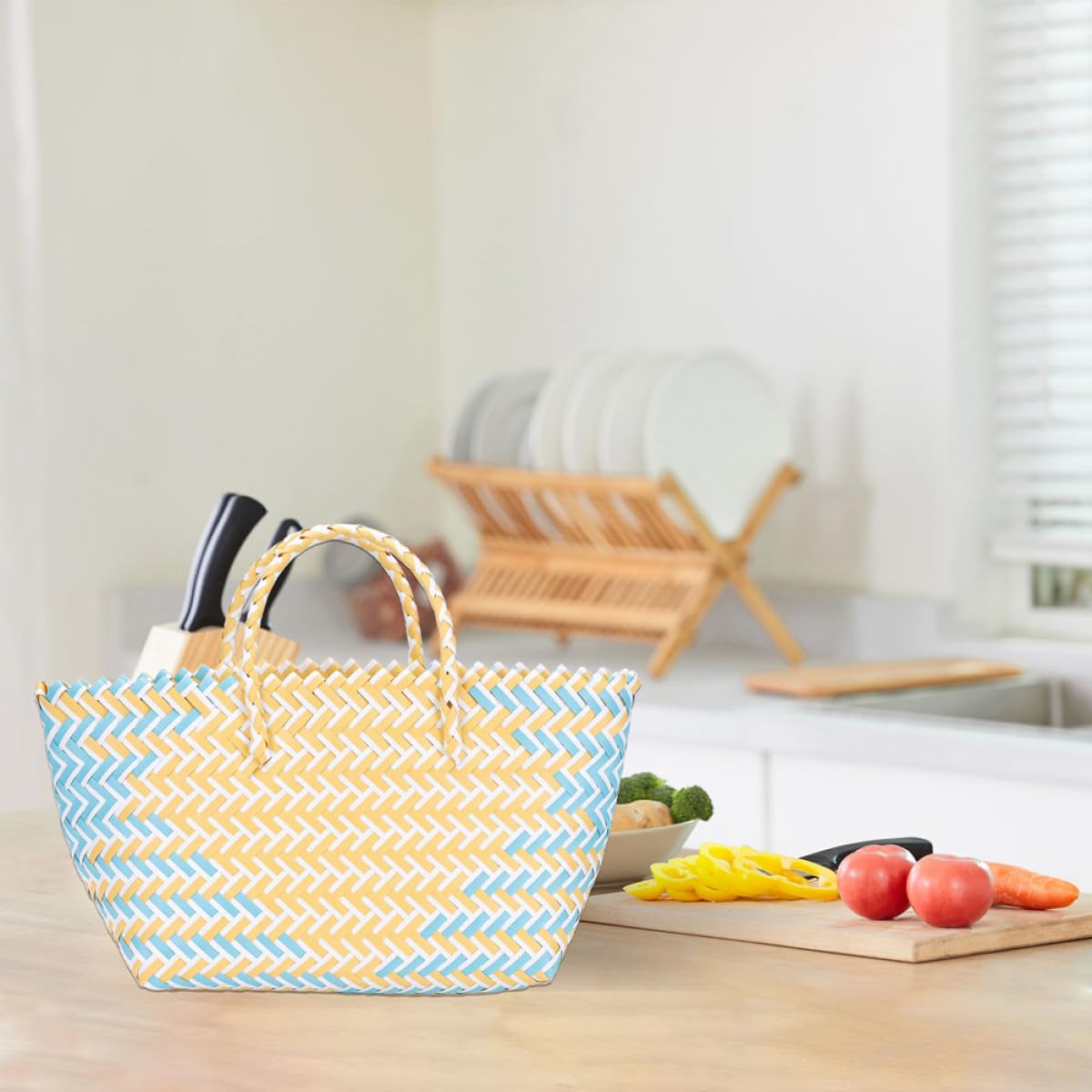 Holibanna 2 Stück-pack Großer Gelber Geflochtener Einkaufskorb aus Pp mit Griff Praktischer Aufbewahrungsbehälter für Obst und Brot für Shopping und Indoor