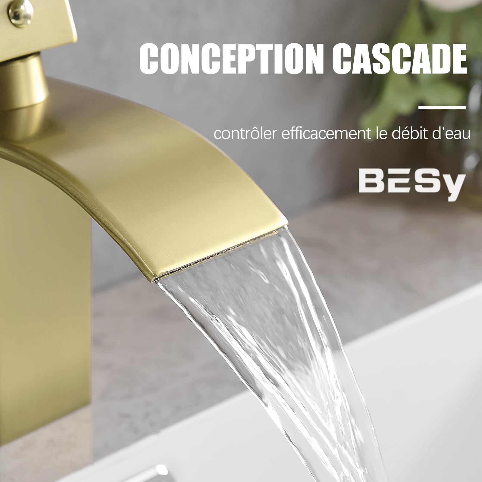 BESy Bec Cascade Robinet Salle de Bains, Mitigeur Lavabo à Une Poignée, Robinet Lavabo RV, Acier Inoxydable, Finition Dorée Brossée