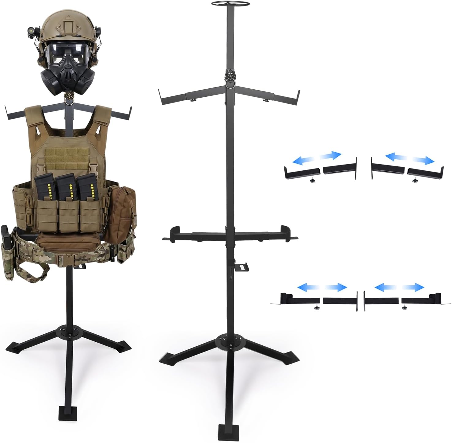 Higher 63'' Tactical Gear Stand for Easier to Wear, Heavy Duty Tactical Vest Hanger, Helmet Vest Belt Display Rack, Adjustable Free-Standing Organizer w 2 Portable Design for Police Gear Rack