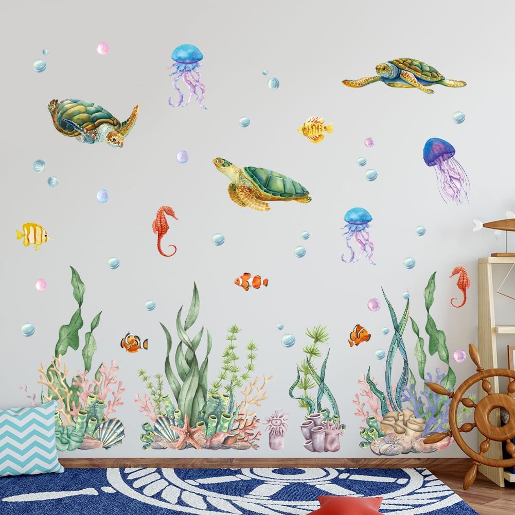 Ocean Wall Decals Turtle Jellyfish Under the Sea Wall Stickers Sea Life Animal Seaweed Grass Coral Ocean Wallpaper Peel and Sticker Wall Art Decal for Bedroom Nursery Decor