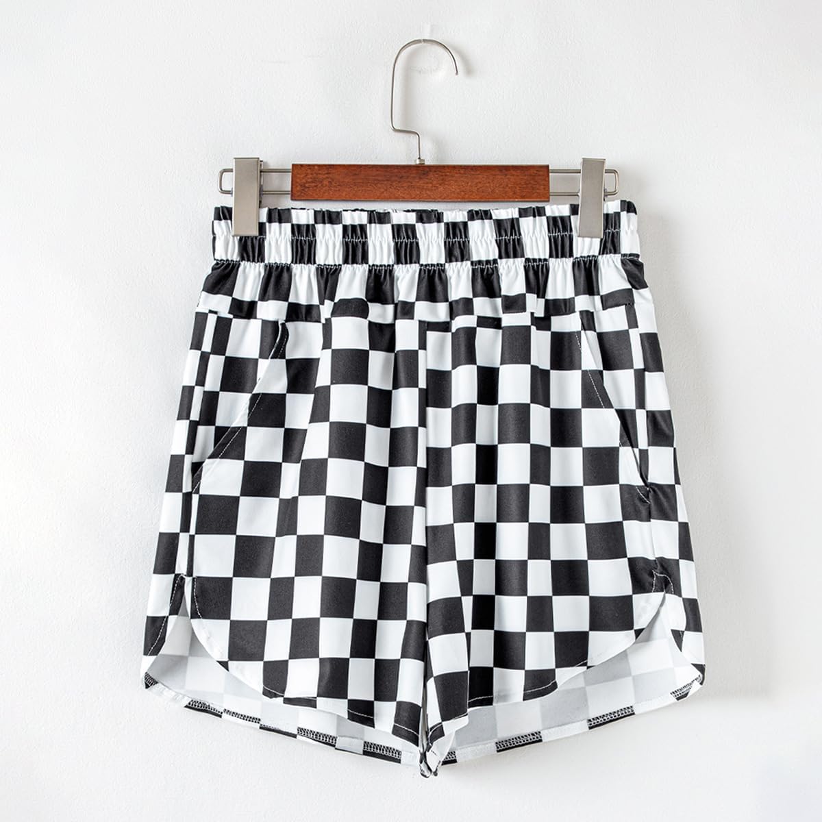 Women's High Waisted Checkered Shorts - Black, Regular, High Rise, Loose Fit, Gym/Running/Yoga, Checkered Pattern - Image 4