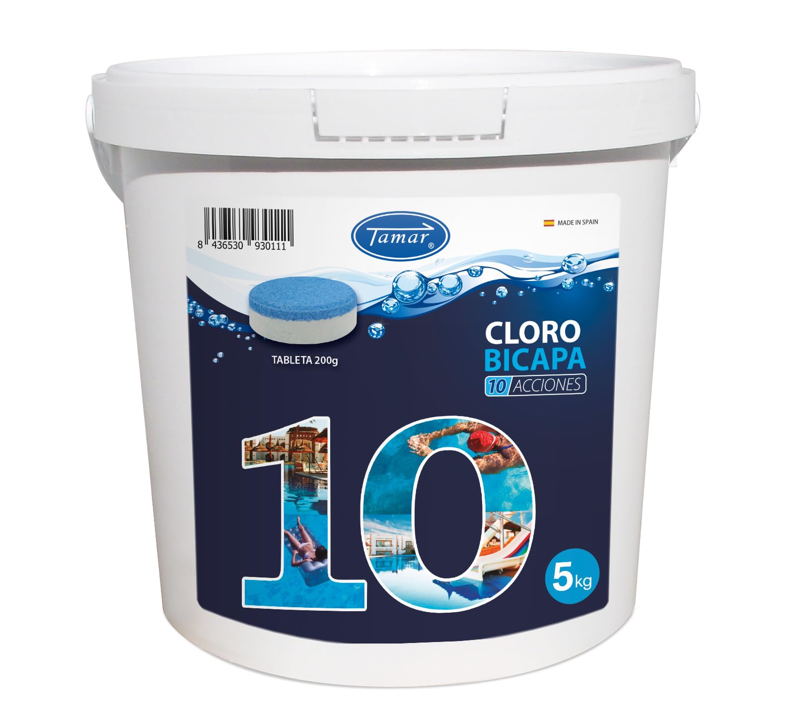 Tamar Cloro 10 Acciones Bicapa, Tabletas Multifuncion de 200 grs biocida Especial multiacción Tratamiento Completo Piscinas, Capa acción rapida y Capa disolución Lenta 10 Efectos, Bote de 5 Kilos