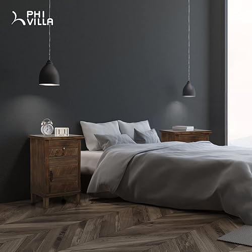 Miniatura 6 de PHI VILLA Mesita de noche moderna de mediados de siglo con cajones de almacenamiento y gabinete, mesas auxiliares de noche bronceadas, tocador de