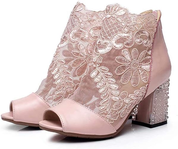 Amazon Ainidell サマーブーツ 夏ブーツ ファッションサンダル レディース ハイヒール メッシュ ローヒール パンプス レディース カジュアル 美脚 7cmヒール シースルー 水玉 春夏秋作 鱼口靴 Ainidell ファッションサンダル