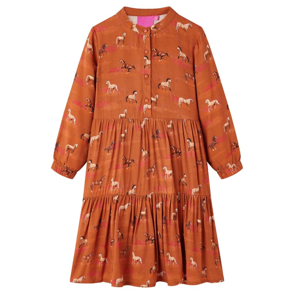 Vestido infantil para niña, manga larga, 100% lyocell en coñac, con estampado de caballo, cuello alto, cierre de botones, talla 140, para uso diario, escuela, festivo, cumpleaños, fiesta