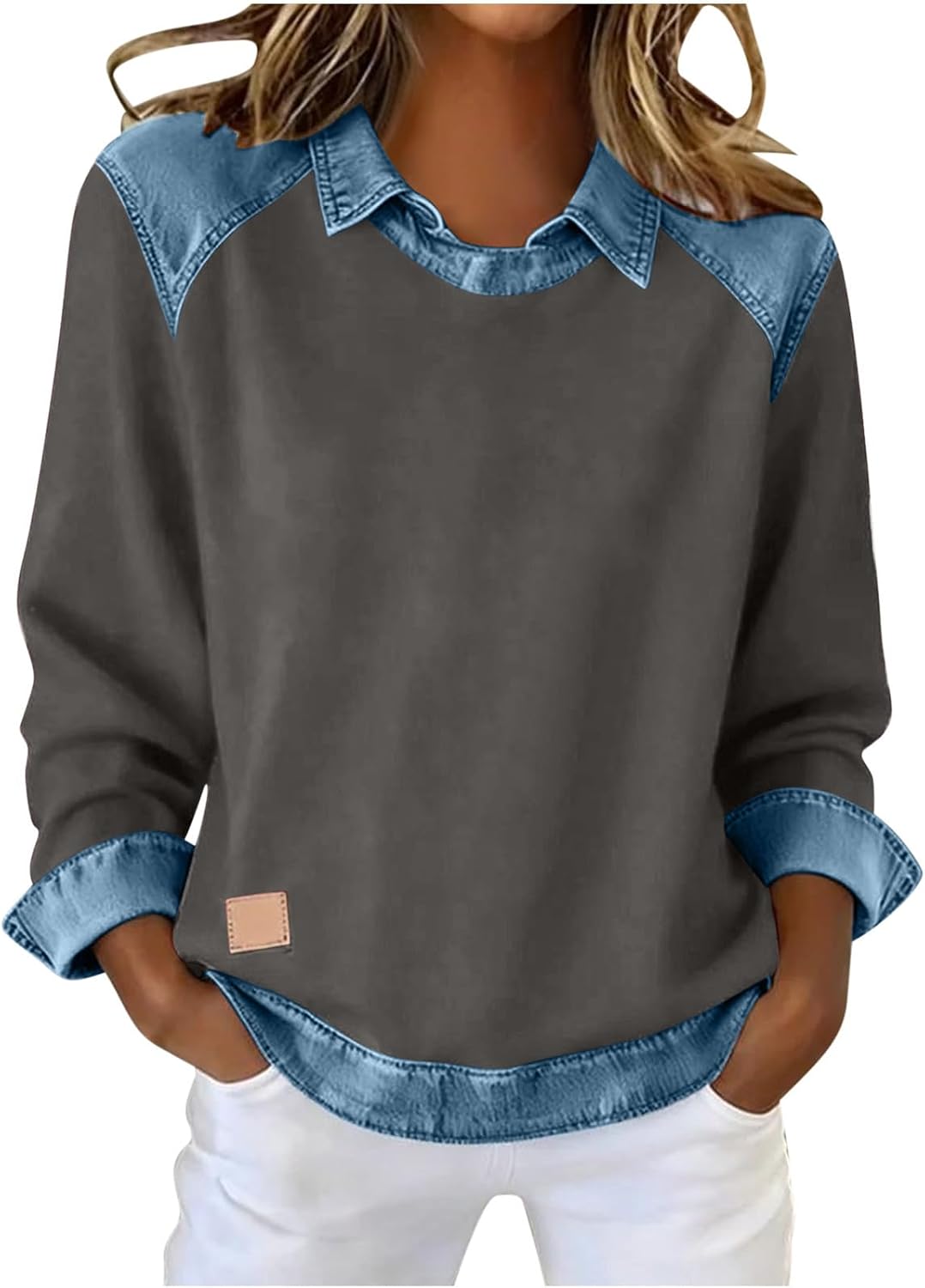 Women's Denim Patchwork Pullover Long Sleeve | Casual Sports Shirt Fashion Turndown Collar Comfort Loose Blouse