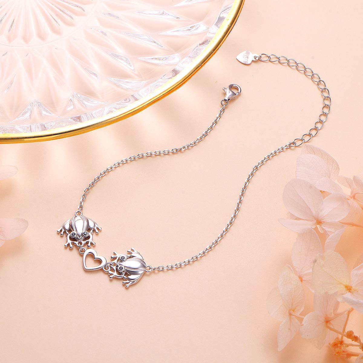 (Salute e longevità) S925 Bracciale a forma di tartaruga/rana in argento Sterling per donne adolescenti e ragazze, regolabile con animale, gioielli da 17 + 5 cm