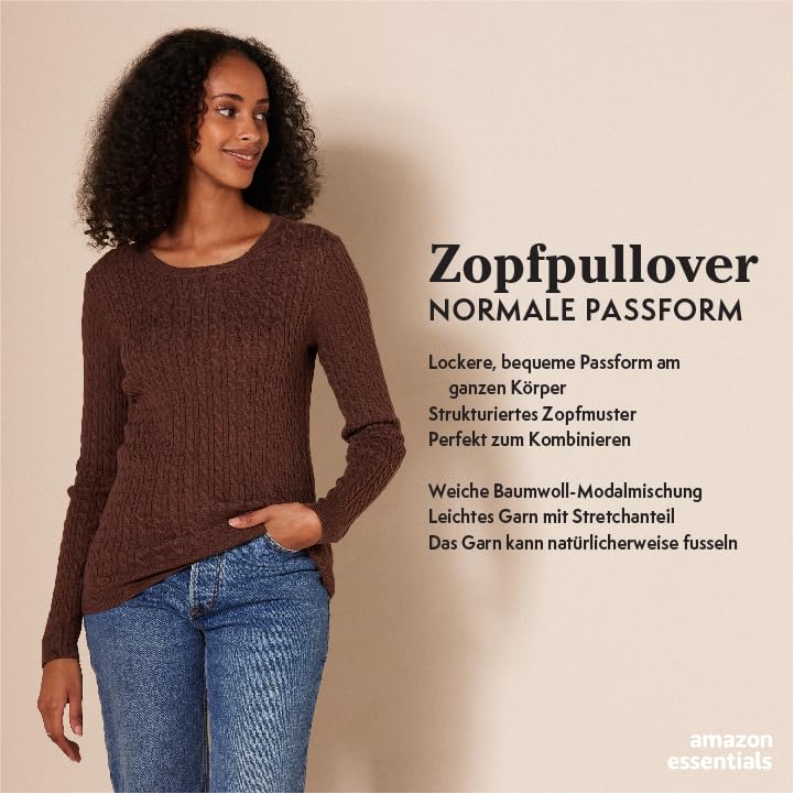 Amazon Essentials Damen Leichter Langarm-Pullover Mit Rundhalsausschnitt Mit Zopfmuster (Erhältlich In Übergröße) - Image 3