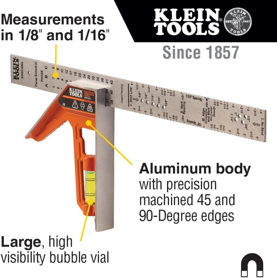 Klein Tools 935CSEL Combination Square Ruler for Electricians and Carpenters, Stainless Steel Double Sided Ruler, Bubble Level, Magnetic - Image 3