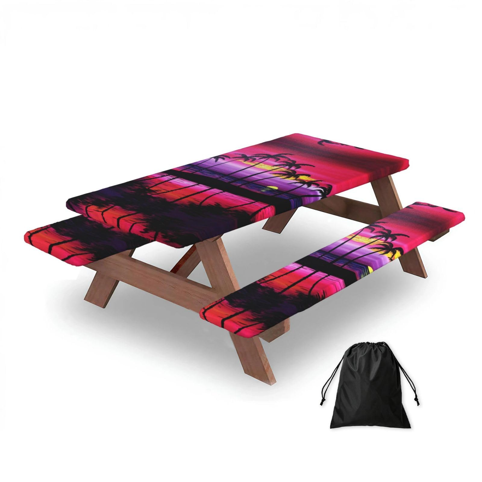 ESNAIUVCD Palm Tree Sunset Design Print Picnic Table Cover With Bench Covers,Camping Essentials,Fitted Tablecloth Cover With Elastic Edge, For Indoor & Outdoor 3 Pcs