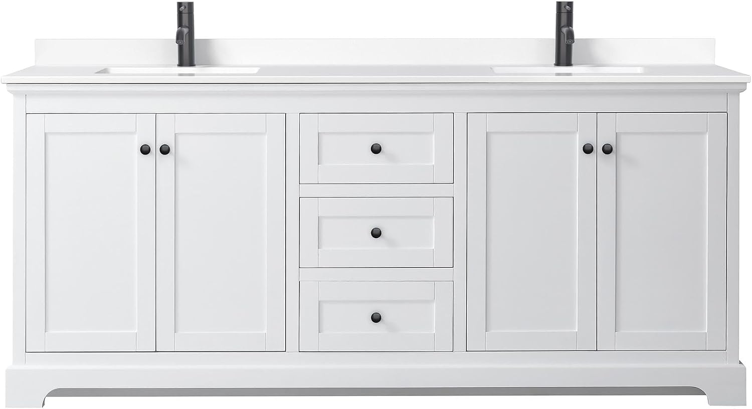 Wyndham Collection Avery 80 Inch Double Bathroom Vanity in White, White Cultured Marble Countertop, Undermount Square Sinks, Matte Black Trim